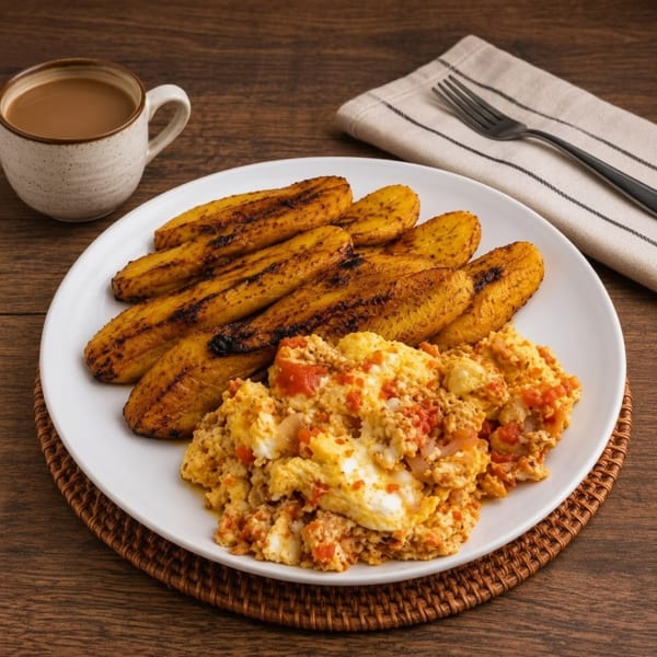 Plate of golden fried plantains and scrambled eggs with tomatoes, alongside a coffee cup.