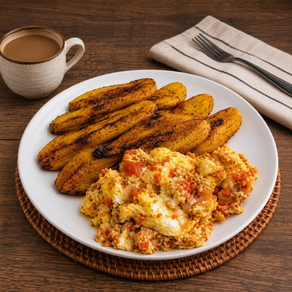 Plate of golden fried plantains and scrambled eggs with tomatoes, alongside a coffee cup.