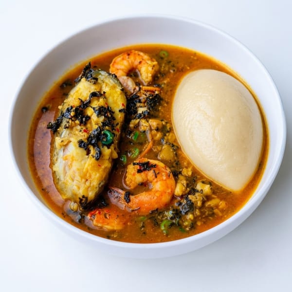 Rich seafood stew with fish, shrimp, and dark greens, served with fufu in a white bowl.